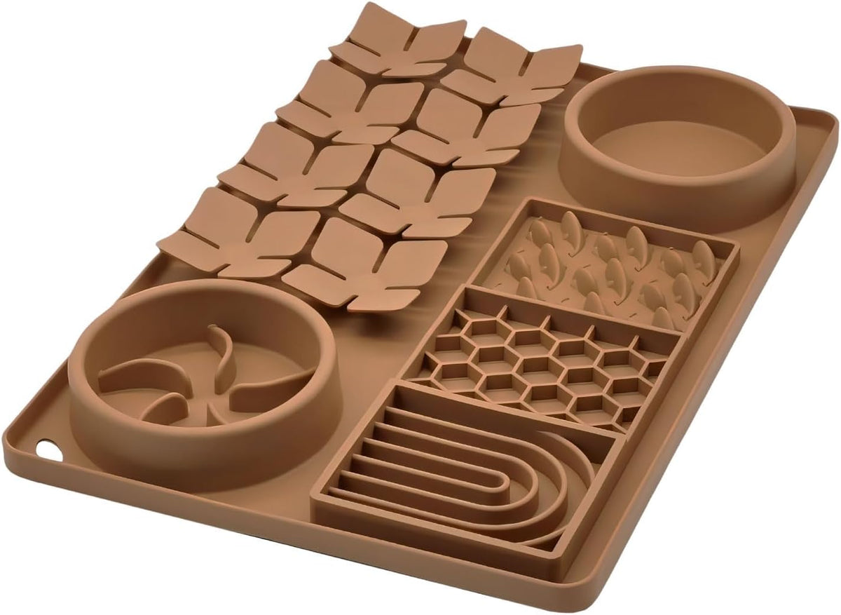 Slow Feeder Bowl, Silicone Lick Mat with Suction Cups for Dog Cat, Snuffle Mat for Pet Smell - Brown / Honeycomb 4in1