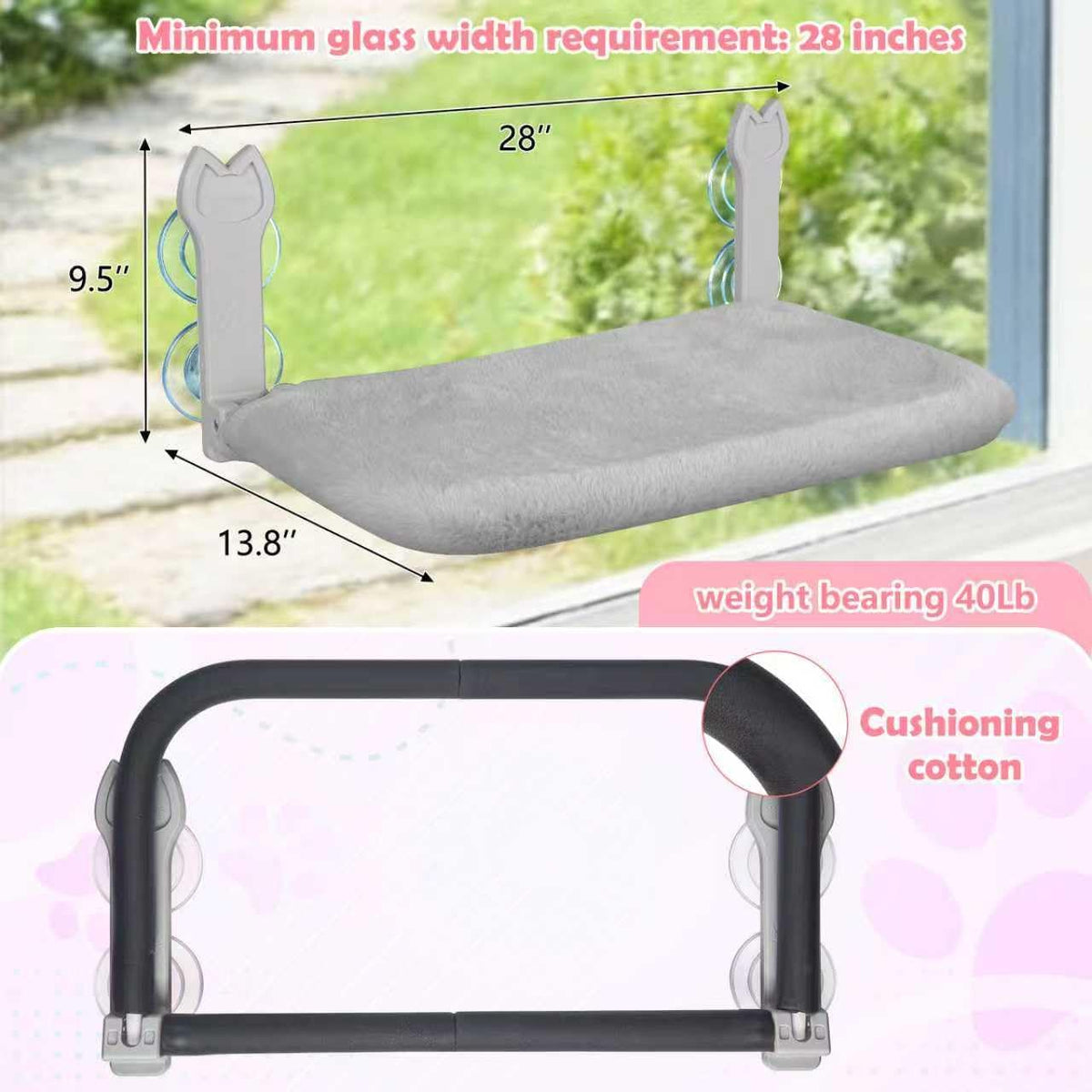 2 Pack Cat Window Perch,Cat Window Hammock Cordless Foldable Window Bed with 4 Large Strong Suction - Gray - image 2