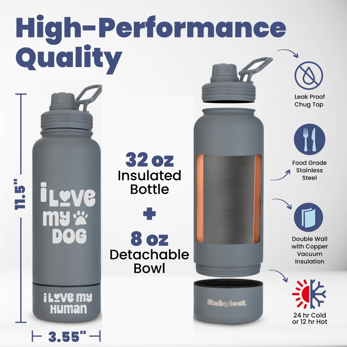 Rubyloo Dog Mom Water Bottle with Detachable Bowl for Dog Lovers – Essentials for Dogs - Love My Dog: Smoky Grey - image 4