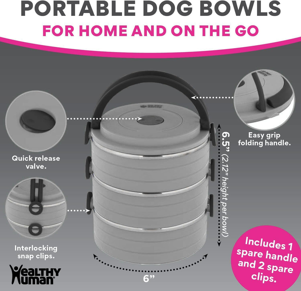 Healthy Human Travel Pet Bento Bowls - 3-Bowl Set / Gray - image 2