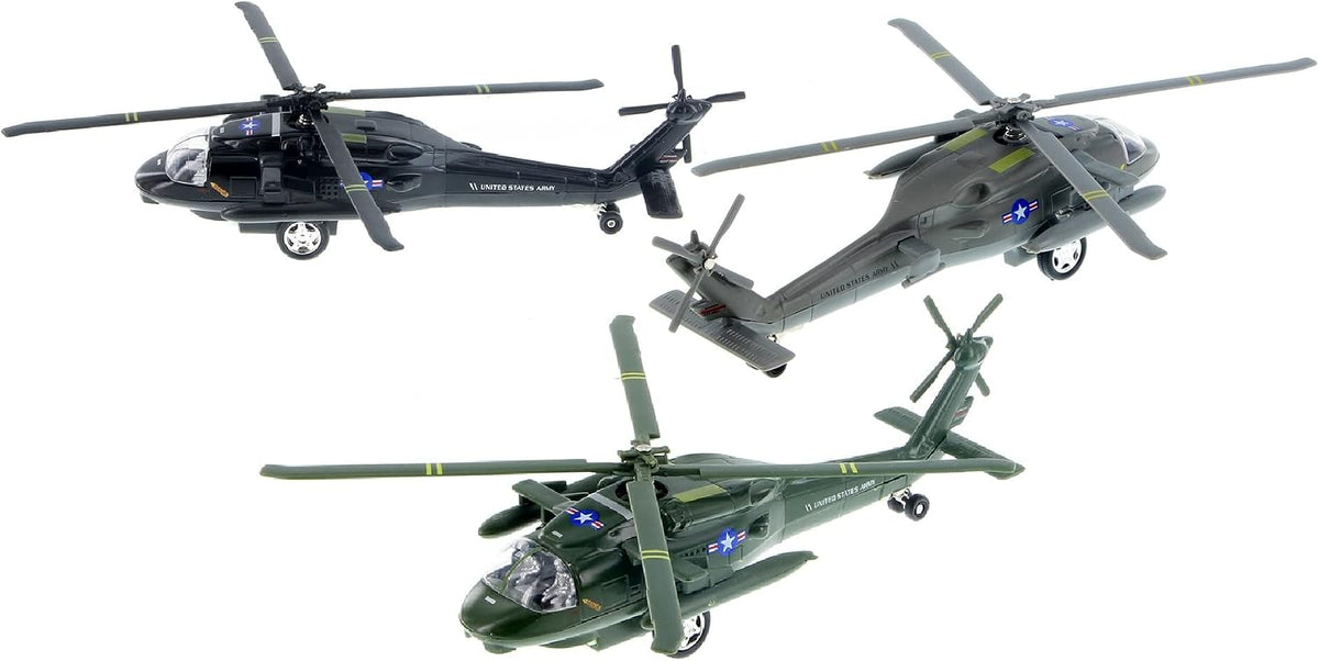 Playmaker Toys 10 inch die cast U.S. Army UH-60 Black Hawk helicopter toy in olive drab