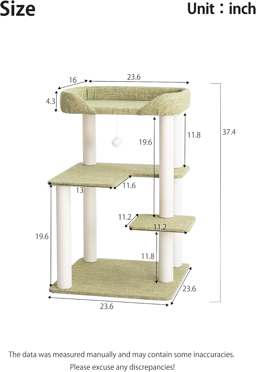 37.5" Cat Tree Tower for Large & Senior Cats, Low-Step Design – Essentials for Cats - Green 37.4'' - image 2