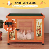 COZIWOW 24in Wooden Cat House Outdoor & Indoor Pet Shelter with Foldable Ramp - Weatherproof Rabbit Hutch with Unique Machine-Printed Art Designs for Cat, Rabbit, Guinea Pig (Orange)