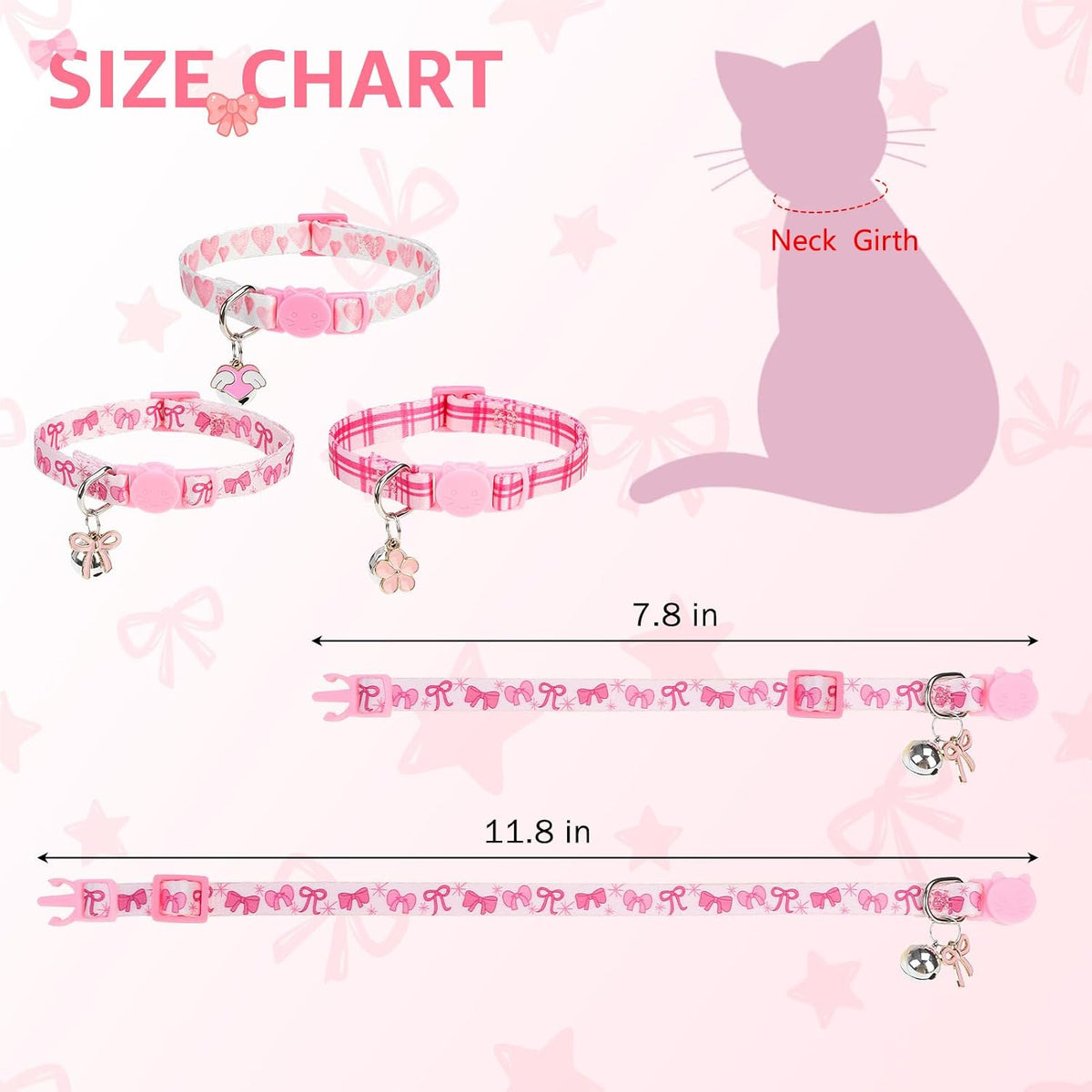 Breakaway Cat Collars with Bell - Pink Bow & Plaid & Heart - image 3