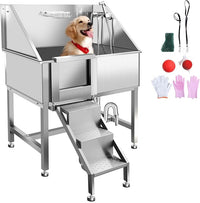 38" Dog Washing Station, Professional Stainless Steel Dog Bathing Station, Equipped with Three Anti-Slip Steps, Removable Door, Upgraded Spray Nozzle&Hose - Ideal for Home, Pet Grooming Salon,L-RAMP