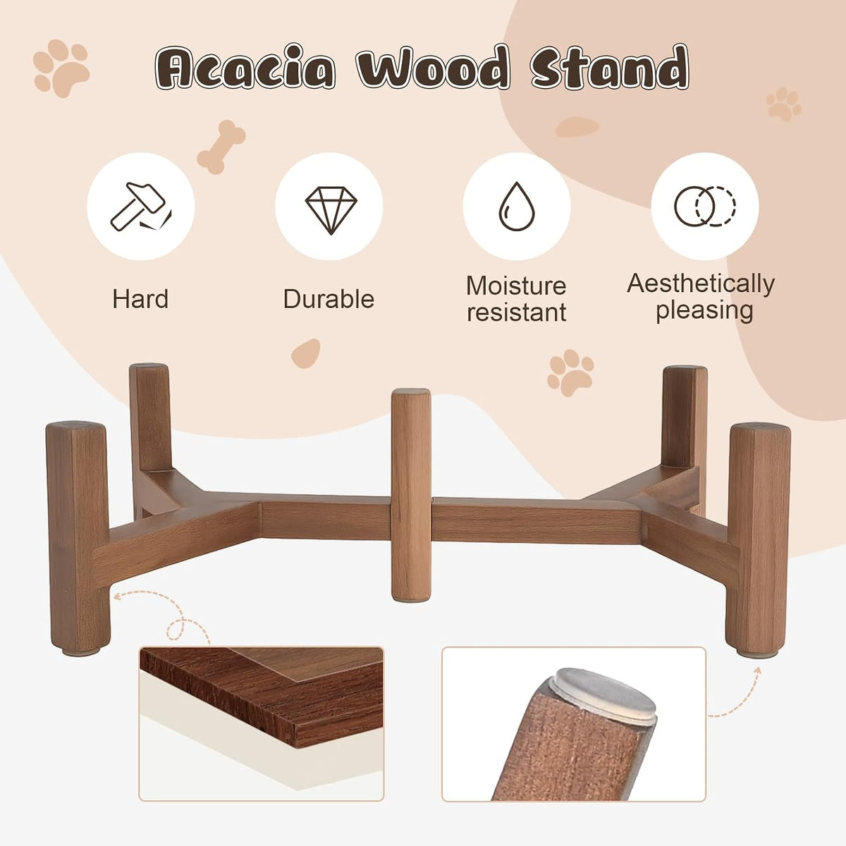 SPUNKYJUNKY Ceramic Dog Bowls with Acacia Wood Stand - 13.52 oz / Dog Paw Black - image 4