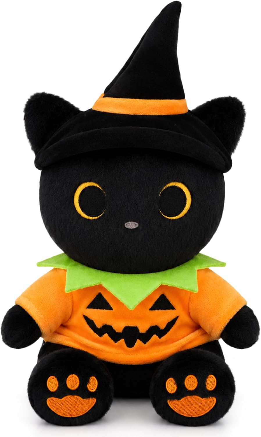 MUFEIRUO Halloween black cat plush holding pumpkin bag, wearing orange witch hat - view 3