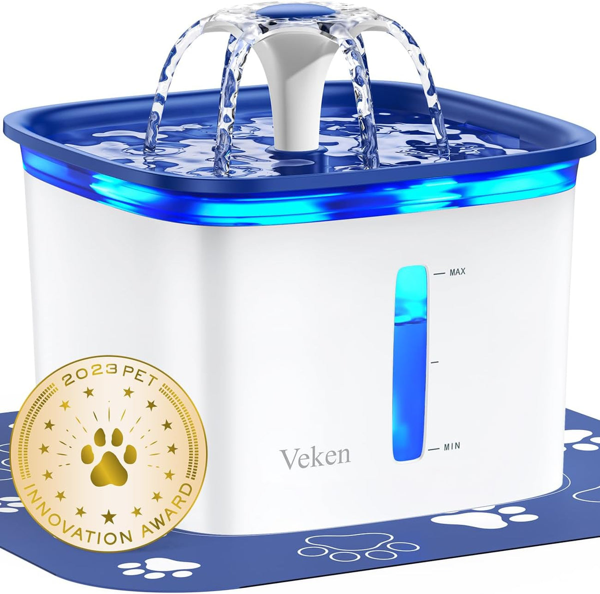 Veken Innovation Award Winner 95oz/2.8L Cat Water Fountain - Blue / 2 Filters+2 Sponges
