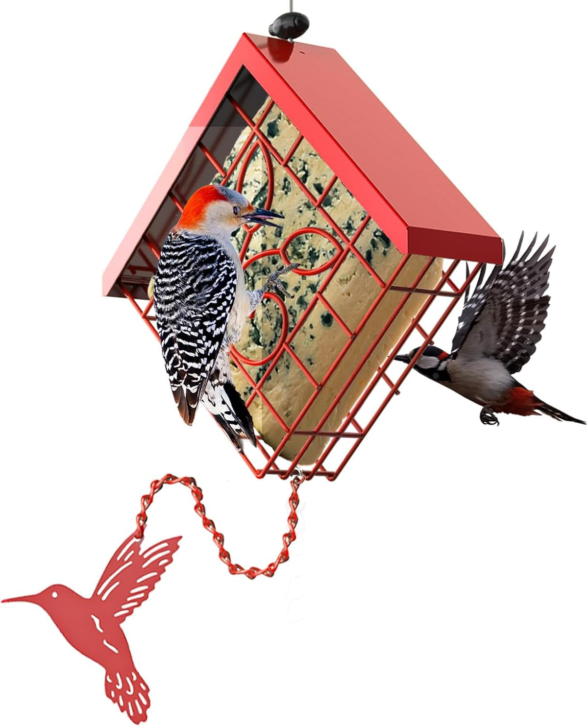 FlowaFoli red metal suet bird feeder with roof and hanging wire