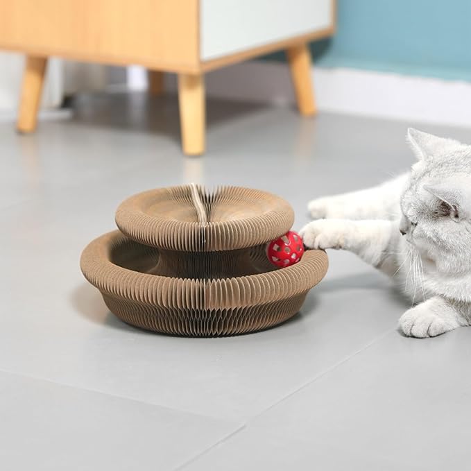 Kitty Curls Cat Toy Kurlz, Interactive Scratch Pad, Foldable Accordion,Cat Recyclable Scratcher with Ball (Pink)