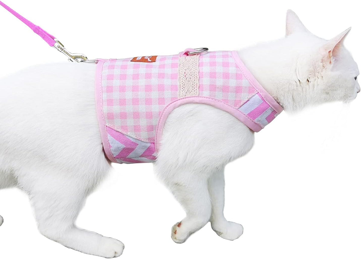 Cat Harness and Leash Set for Walking Escape Proof - Pink Plaid / M 5.5-9 lbs