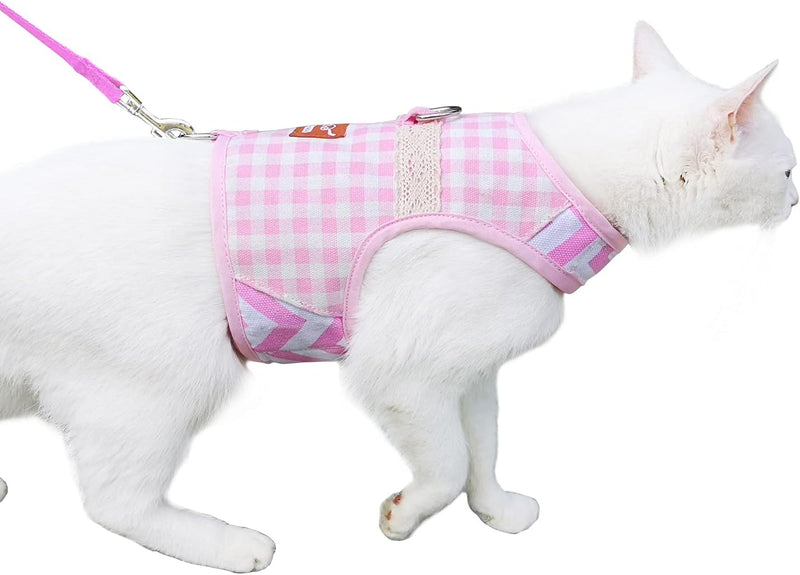 Cat Harness and Leash Set for Walking Escape Proof - Pink Plaid / M 5.5-9 lbs