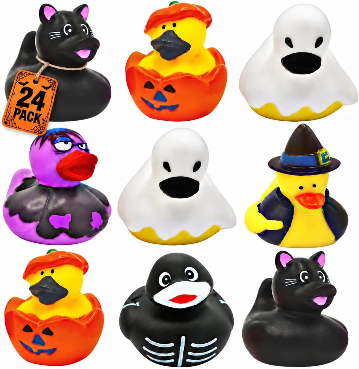 4E's Novelty 24 pack Halloween rubber ducks in pumpkin, cat, zombie, witch, skeleton and ghost desig - view 2