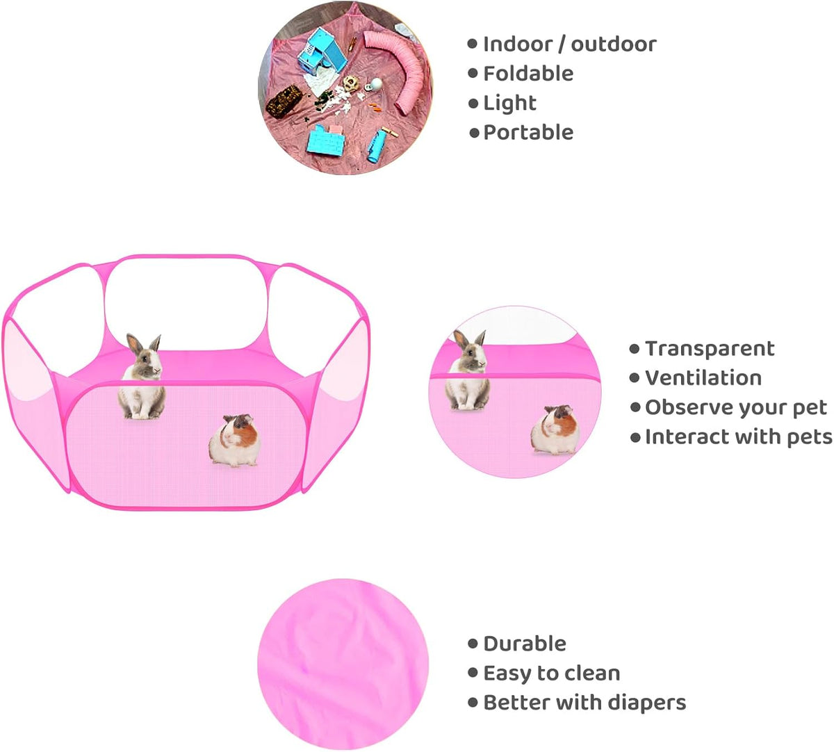 Small Animal Playpen, Pop-Up Portable Play Yard for Guinea Pigs - Pink - image 2