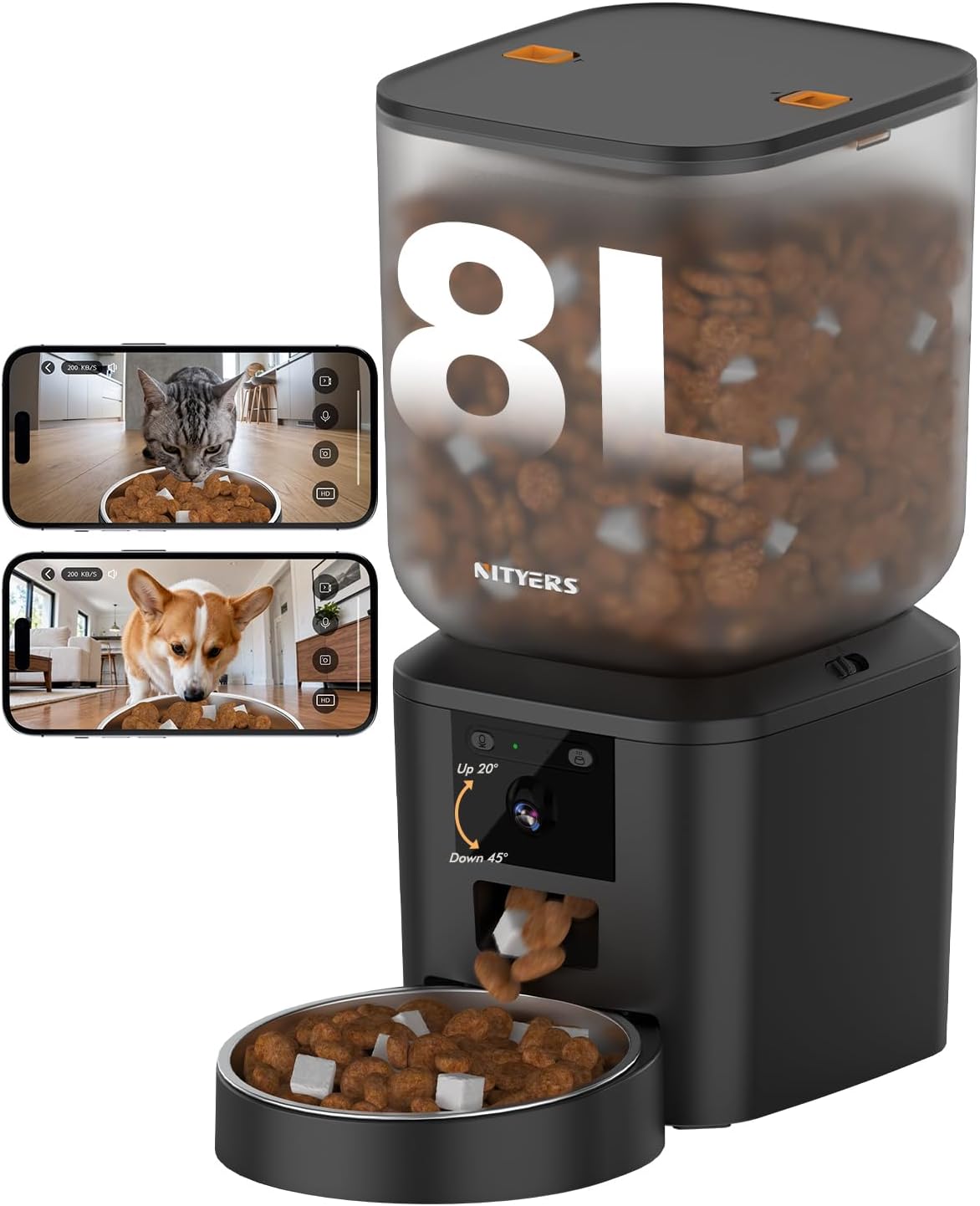 Automatic Cat Feeder for 2 Cats, Timed Cat Food Dispenser - Matte Black / 2K Camera & WiFi-One Bowl