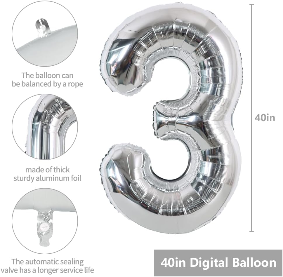 TONIFUL 40 Inch Red Number 3 Balloons Large Foil 3rd Birthday - Silver / 2 Count (Pack of 1) - image 2