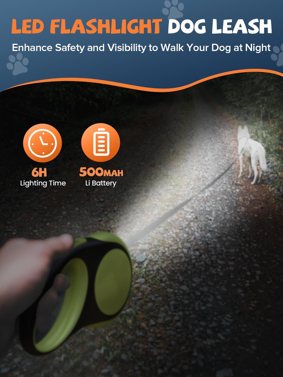 Retractable Dog Leash with LED Flashlight - Black-Green - image 3