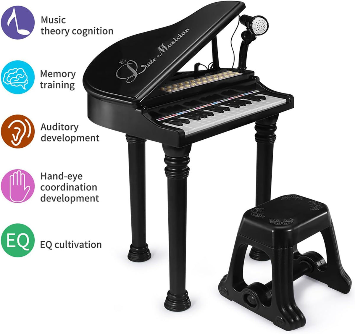 Losbenco kids piano keyboard toy with 31 keys, microphone and stool in pink - view 4