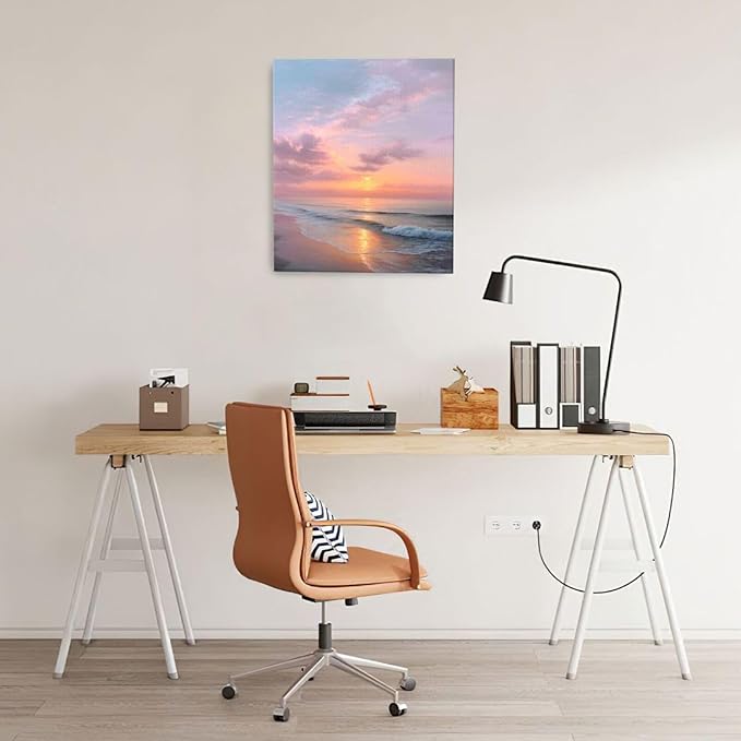Beach Sunset Wall Art Ocean Coastal Scenery Wall Decor Seascape Picture Canvas Landscape Painting Print Framed Artwork Decorations for Living Room Office Bedroom Kitchen 24"x20"