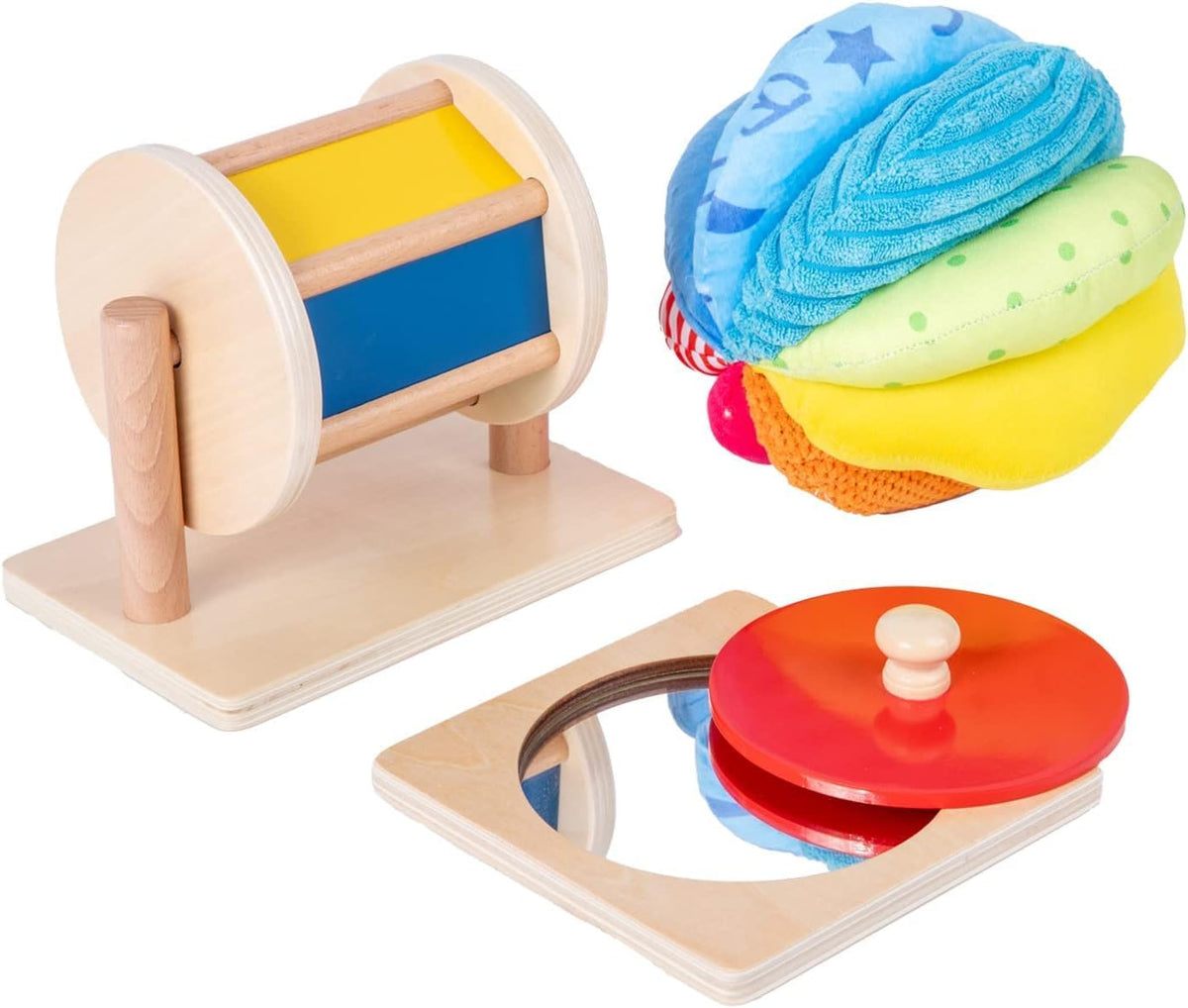 Adena Montessori Play Kit: Knob Puzzle, Drum & Ball, 6-12m – Fun for Kids & Family - Mirror Peekaboo Knob Puzzle, Spinning Drum & Fabric Ball