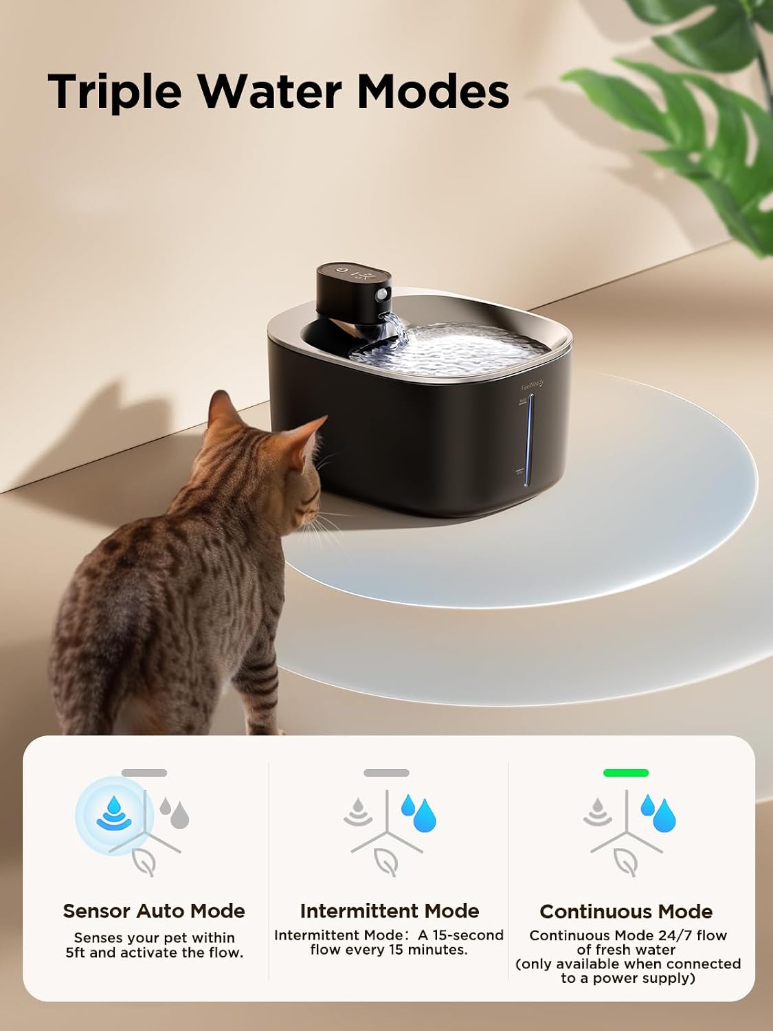 FEELNEEDY Wireless Cat Water Fountain Stainless Steel with Sensor - Black Fountain(2 Filters) - image 2