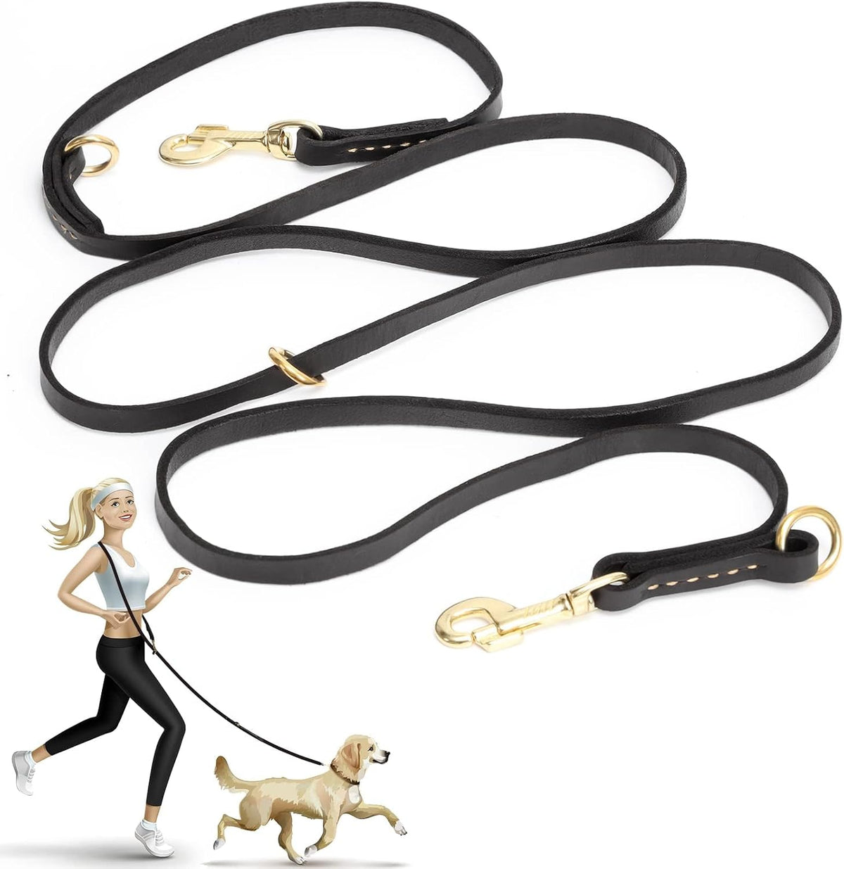 Multi Function 8ft Leather Dog Leash - Black / 8ft*5/8inch