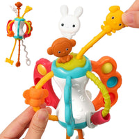 Silicone baby airplane travel toy with pull strings and pop buttons for toddlers 1 to 3