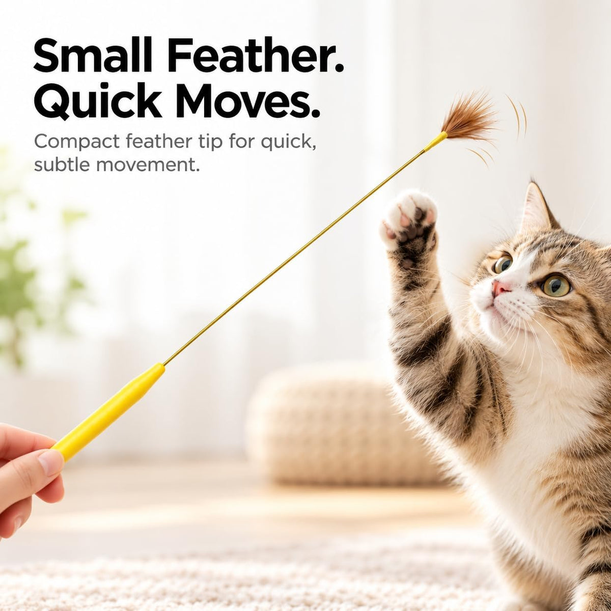 Cat Teaser Wands 2 Pack, Natural Feather, Two Feather Styles – Essentials for Cats - Yellow Mini - image 2