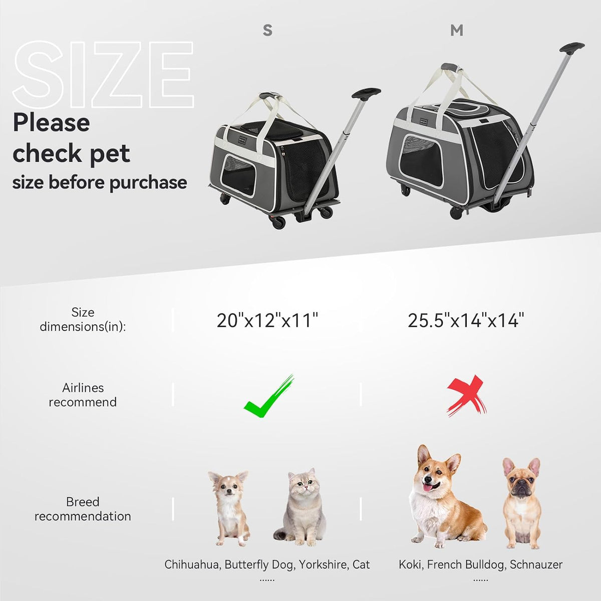 Petsfit Cat Carrier with Wheels, Removable Spinner Wheels - 23"L x 13"W x 14"H / Gray & White - image 2