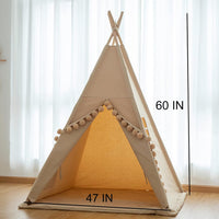 RONGFA cotton canvas kids teepee tent with pompom ball trim, floor mat and star light - view 12