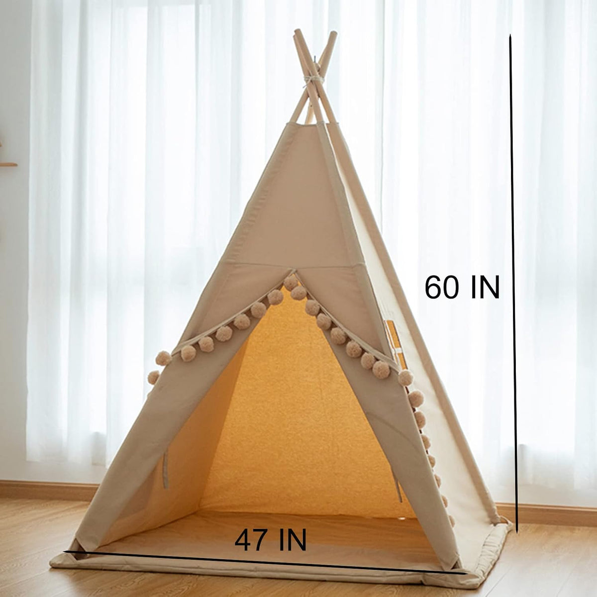 RONGFA cotton canvas kids teepee tent with pompom ball trim, floor mat and star light - view 12