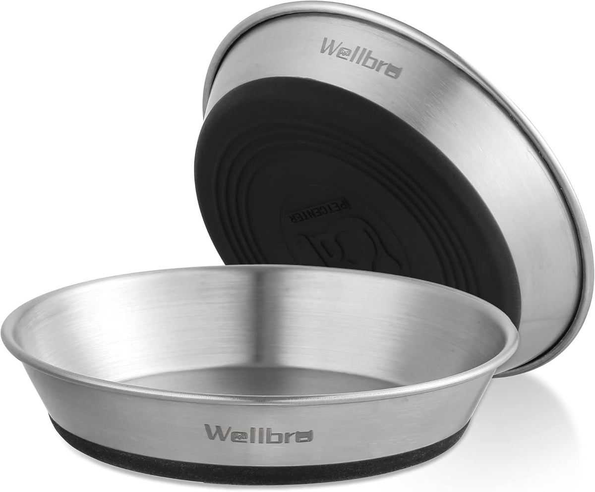 Cat Bowls, 304 Stainless Steel Non-Slip Wide Shallow - 2 Non-slip Bowls
