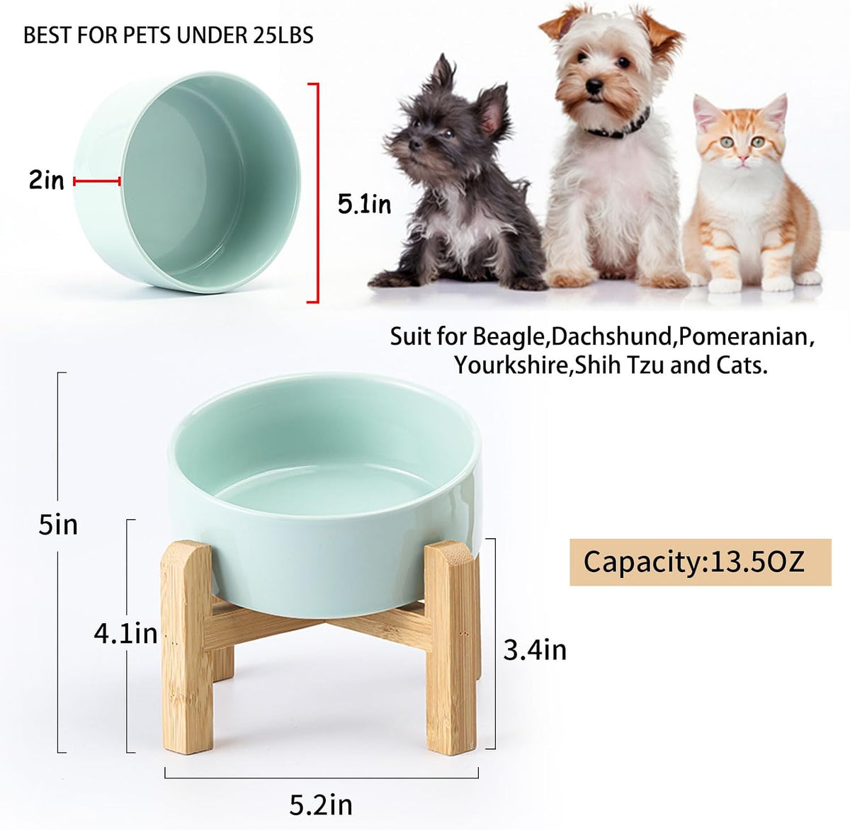 Black Raised/Elevated 15°Slanted Ceramic Dog Bowl for Small Breeds - Blue Sky / 1.7 CUPS - Puppy/Small Dogs & Cat Bowls - image 3