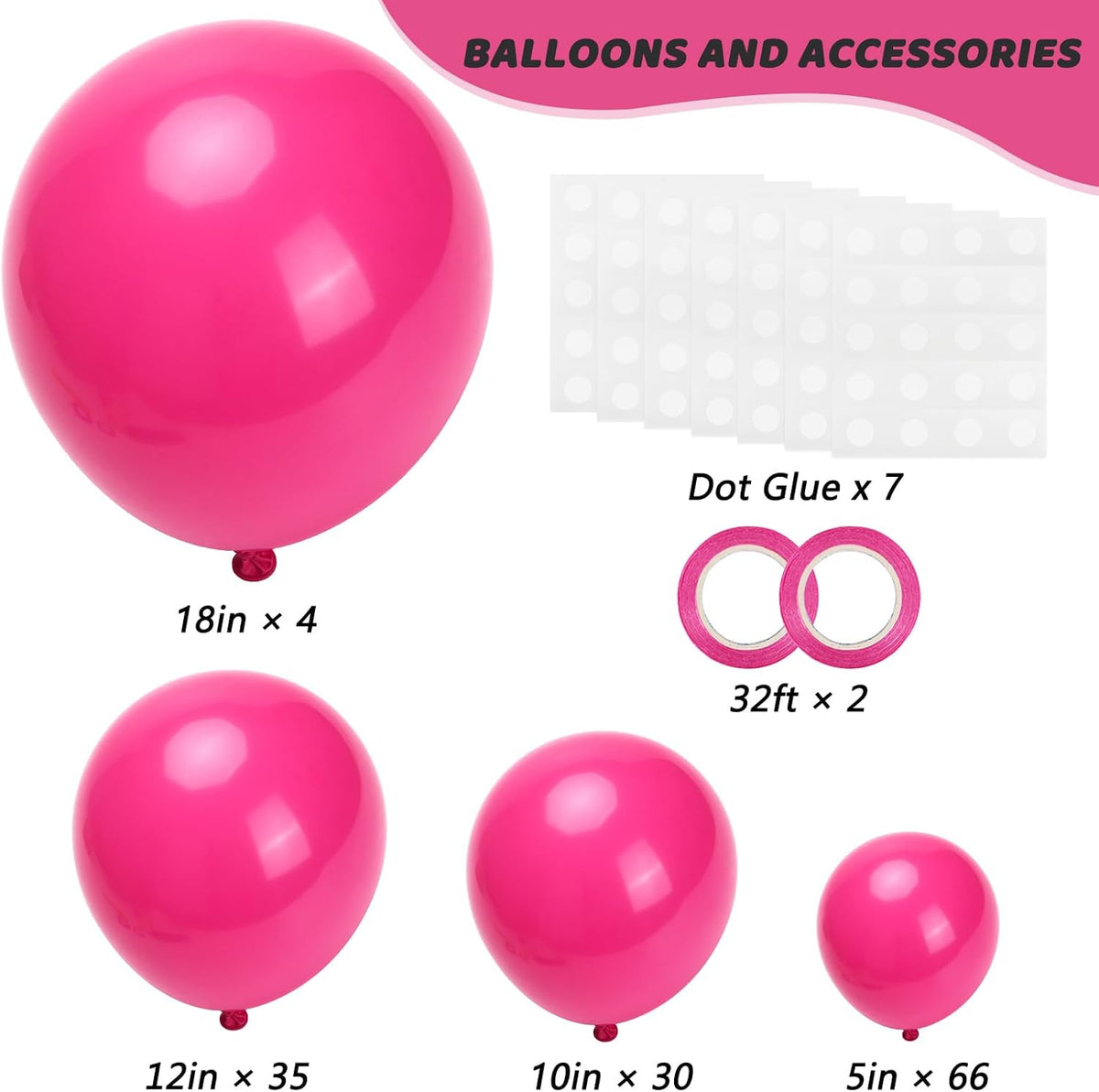 RUBFAC White Balloons Different Sizes 135pcs for Birthday Arch – Fun for Kids & Family - Hot Pink - image 2