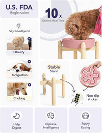 LE TAUCI Ceramic Slow Feeder Dog Bowls Elevated, 3 Cup Raised Bowl with Wooden Stand for Medium Large Breed, Slow Down Eating, Puzzle Dog Food Bowl, Pink Bloom