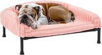 Veehoo Elevated Dog Bed with Bolster Cushion, Fluffy Plush Dog Couch Beds for Small Dogs, Cats, Washable Raised Pet Cot with Non-Slip Feet for Indoor or Patios Use, 36 x 28 Inches, Pink