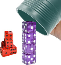 Six Senses Media dice stacking cup set with green cup, purple 19 mm dice, red 18 mm dice and storage bag