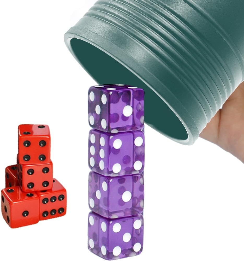 Six Senses Media dice stacking cup set with green cup, purple 19 mm dice, red 18 mm dice and storage bag