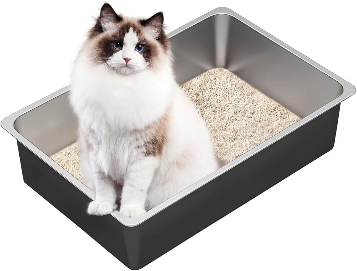 Ohtomber High Sided Stainless Steel Cat Litter Box – Daily Care for Cats - 23.4"L x 15.6"W x 6"H