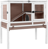 Guinea Pig Cage with Wooden Stand - Hamster Cage, Small Animal Cage Anti Chew Ramp, Hideout, Platform, Pull Out Tray (Brown, L)