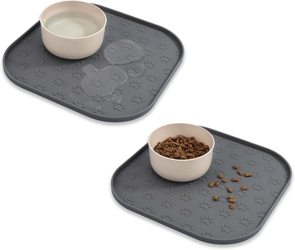 Pet Feeding Mat, Waterproof Anti-Slip Placemats for Dog Cat Bowl Silicone Pet Food Mat, Raised Edge - 2 Gray / 11"L x 11"W
