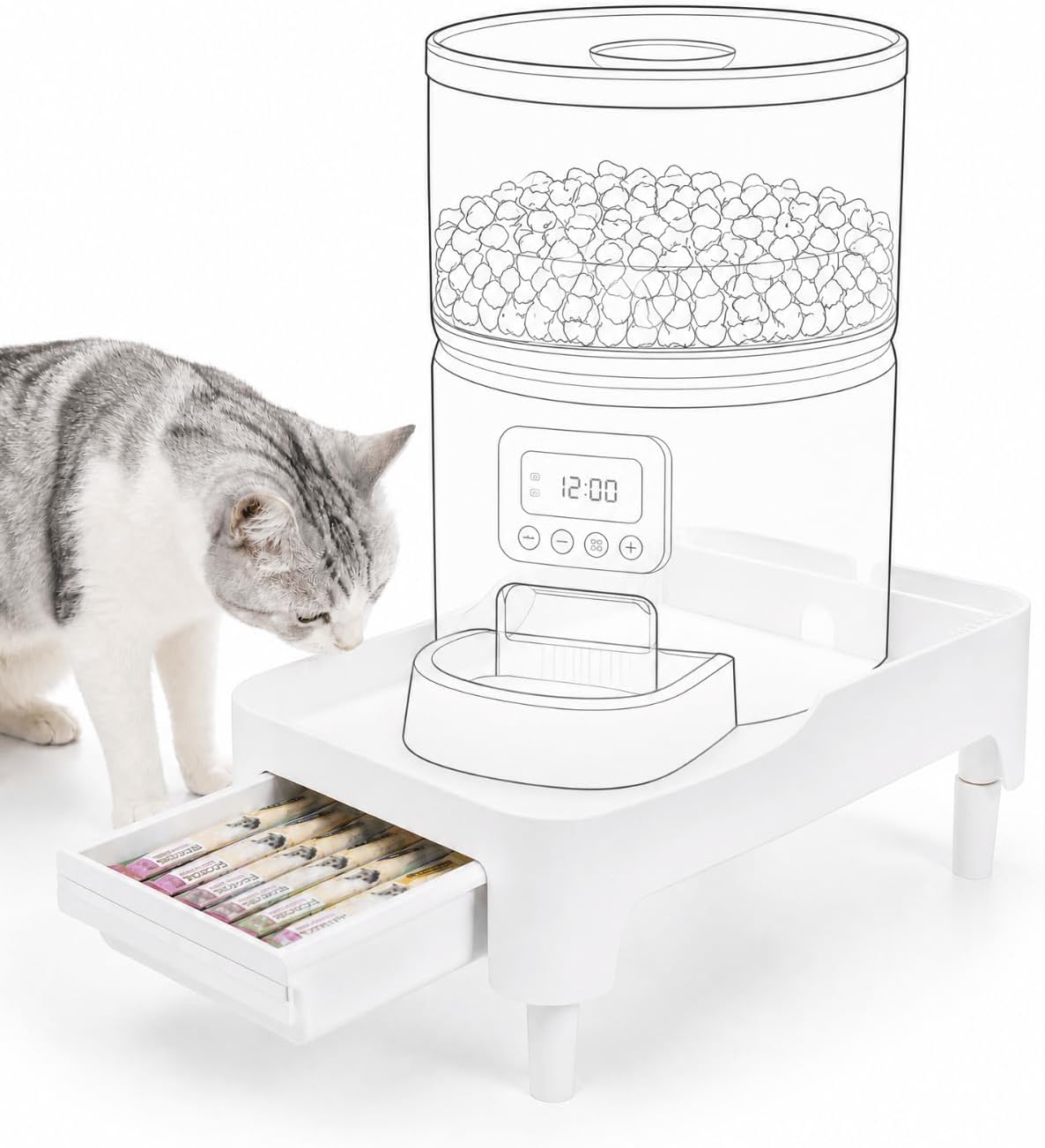 Adjustable Elevated Automatic Pet Feeder Stand with Storage Drawer – Essentials for Cats