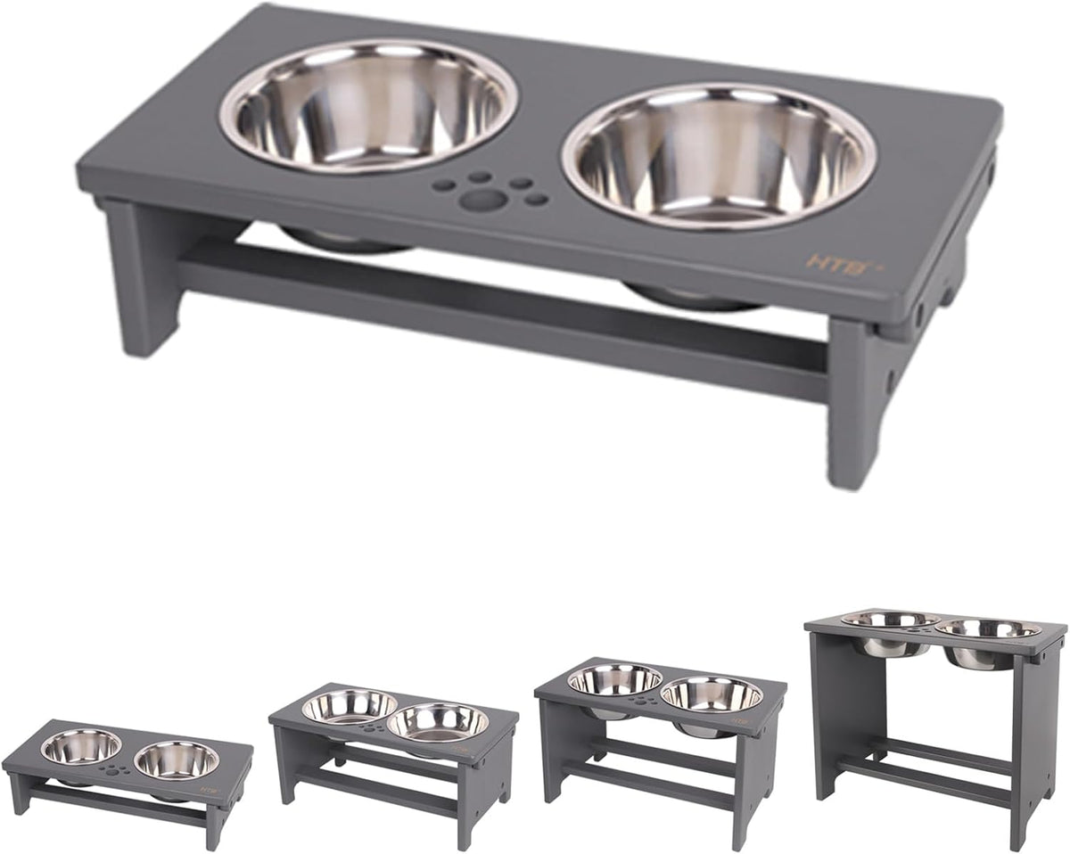 HTB Elevated Dog Bowls,Raised Dog Bowl Stand with 2 Stainless Steel Bowls,Elevated Raised Dog Bowls - small-4“tall,21 Oz bowl / Grey