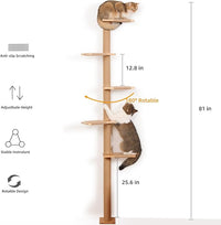 5 Tier Floor to Ceiling Cat Tree Tower with Wall-Mounted Scratching Post, Playful Wall Climbing Shelves for Cats, Ideal for Kittens to Climb, Scratch, and Lookout, Wild Simulation Design