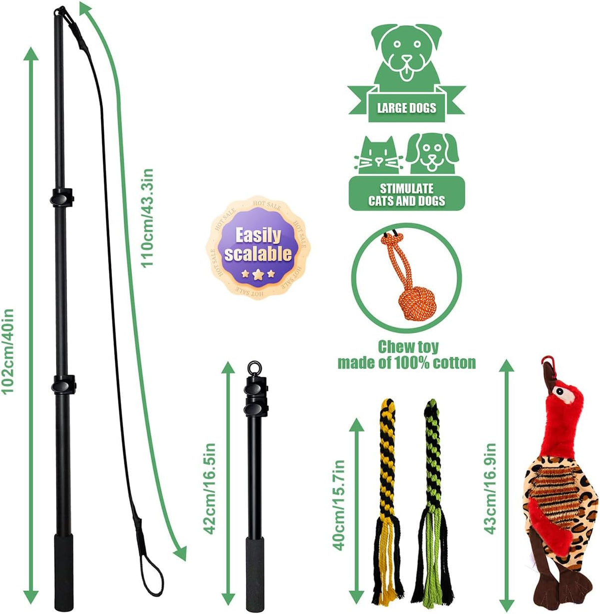 Interactive Dog Toys - Extendable Flirt Pole with 2pcs Squeaky Plush Toy Tugs Red Green for Dog - Black-102 - image 2