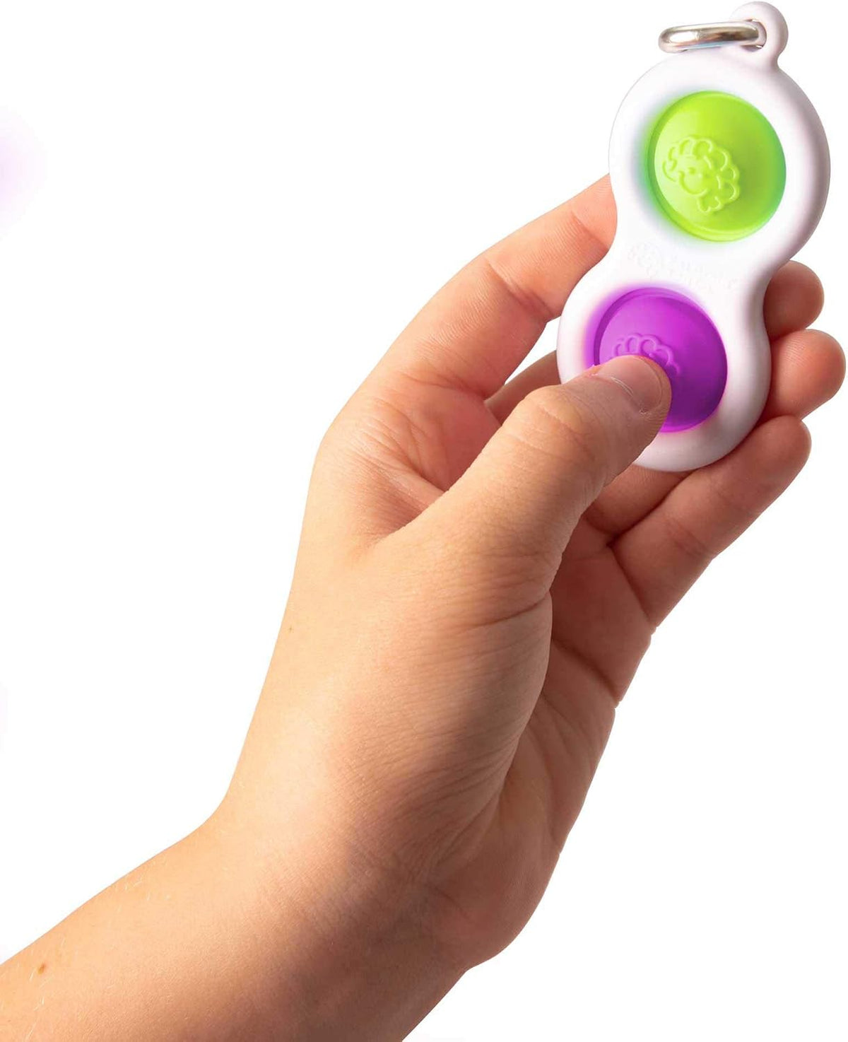 Fat Brain Toys Simpl Dimpl popping fidget keychain in Purple/Lime with silicone bubbles - view 2