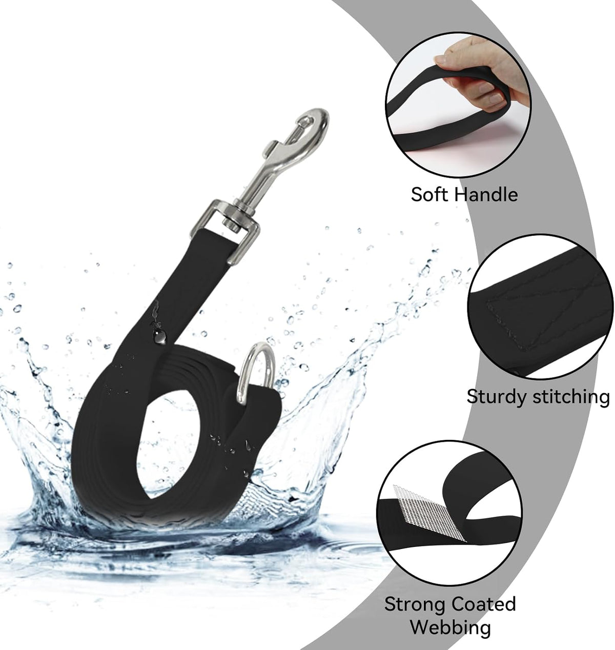 Waterproof Dog Leash, 5/6 FT Durable Odor-Proof Dog Leashes with Strong Metal Hooks Fits Small - Black / 5FT - 3/4 inch Width - image 2