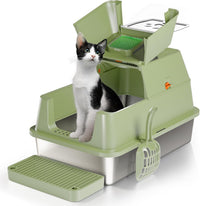 Stainless Steel Cat Litter Box with Lid, Flip-Top XL Large - Green
