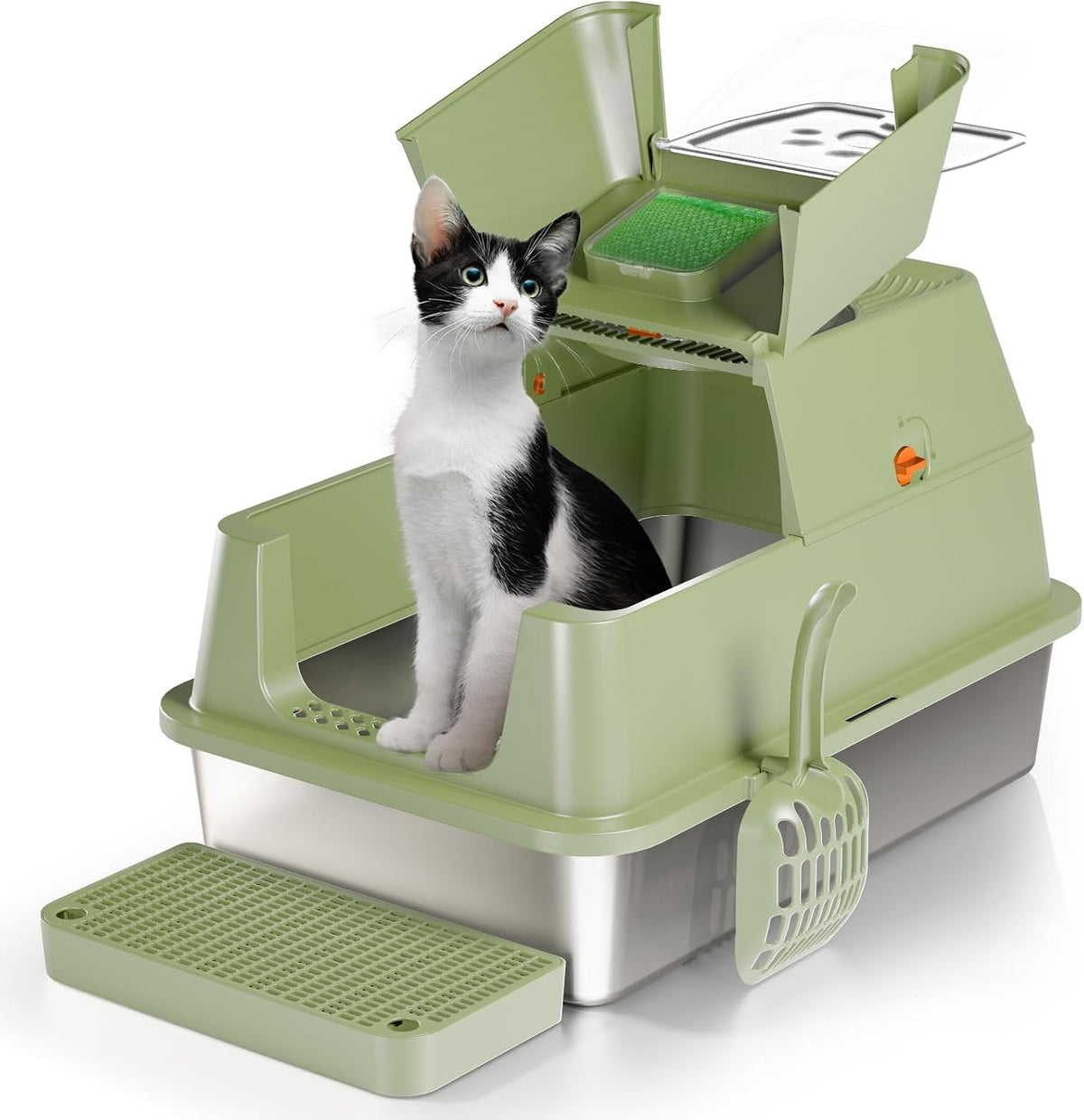 Stainless Steel Cat Litter Box with Lid, Flip-Top XL Large - Green
