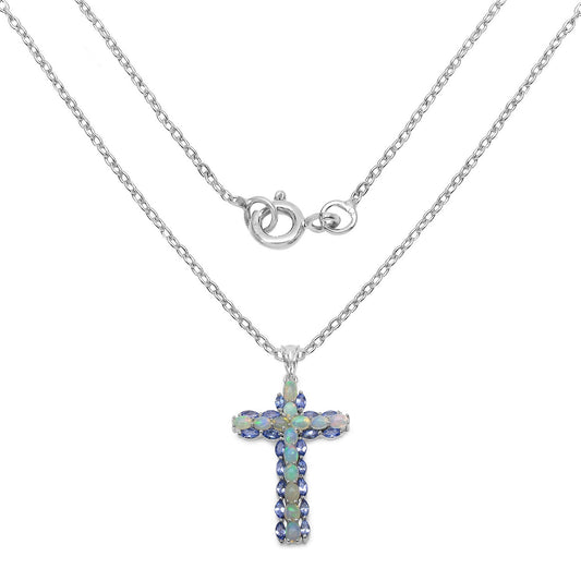 3.32 Carat Genuine Ethiopian Opal and Tanzanite .925 Sterling Silver Pendant